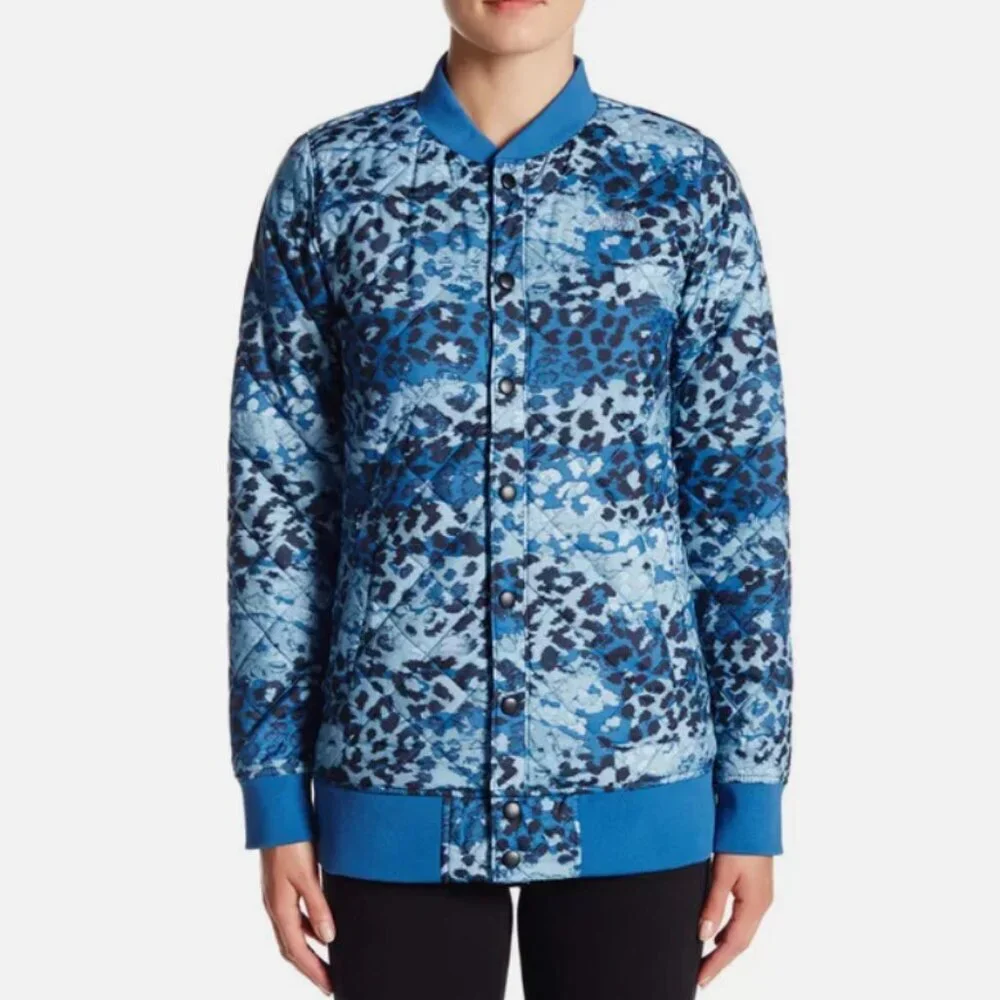 The North Face Anna Quilted Bomber Jacket Womens XS Blue Leopard Print Insulated